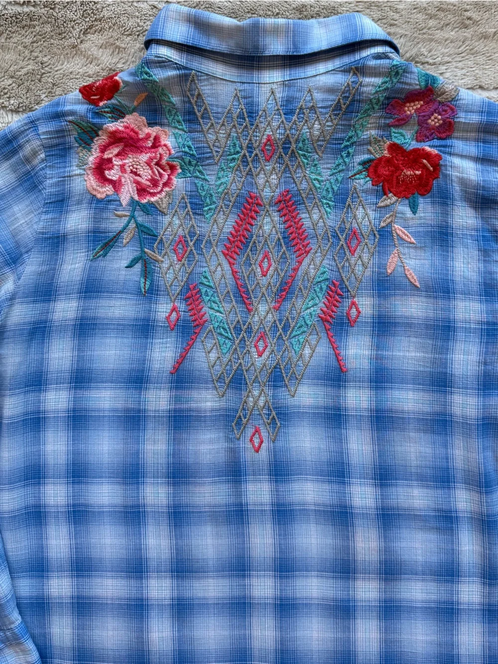 Johnny Was Embroidered Check Relaxed Button Down Shirt Size M - Picture 4 of 10